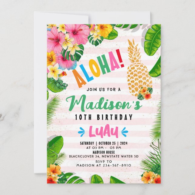 Aloha Pineapple 10th Birthday Party Invitation (Front)