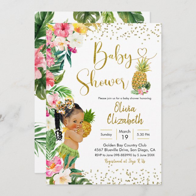 Aloha Pineapple African Girl Baby Shower Invitation (Front/Back)