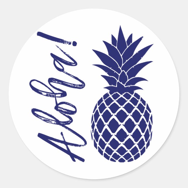 Aloha Pineapple Beach Wedding Luau | navy white Classic Round Sticker (Front)