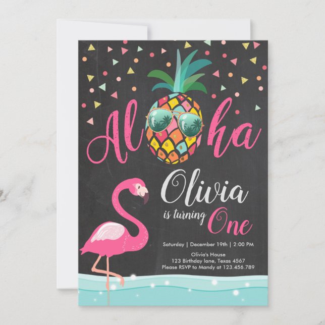 Aloha Pineapple Flamingo Birthday Invitation Pink (Front)