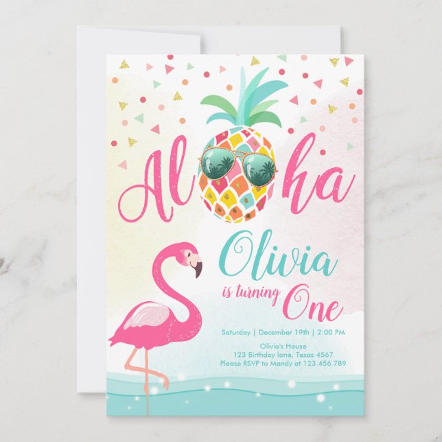 Aloha Pineapple Flamingo Birthday Invitation Pink (Front)