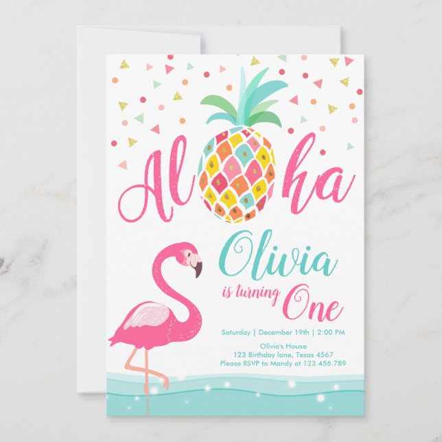 Aloha Pineapple Flamingo Birthday Invitation Pink (Front)