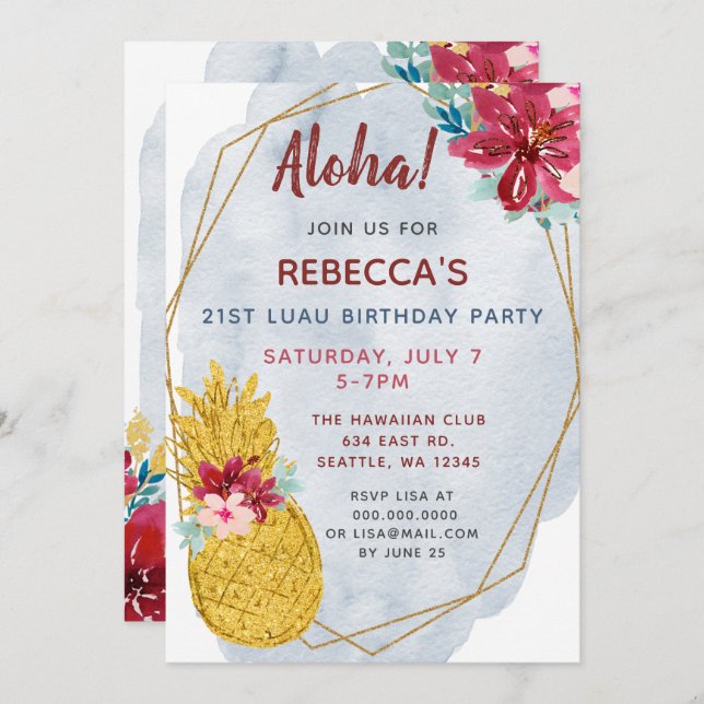 Aloha Pineapple Luau Birthday Party Invitation (Front/Back)
