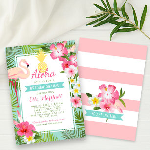 Aloha Pink Flamingo Tropical Graduation Luau Party Invitation