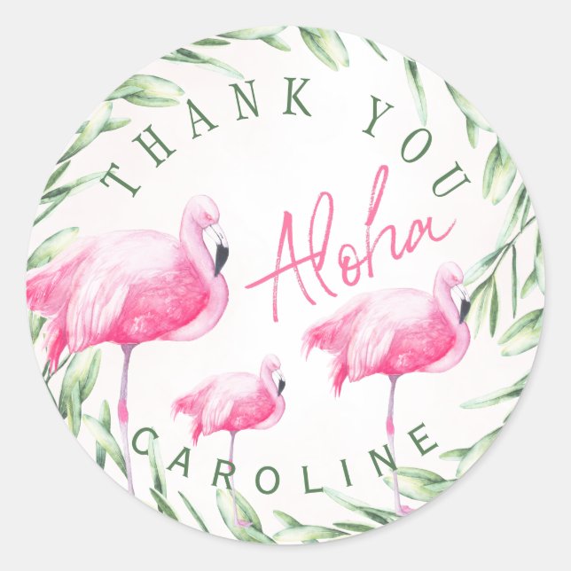 Aloha pink flamingos tropical wreath thank you classic round sticker (Front)