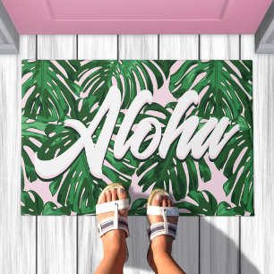 Aloha Pink Green Tropical Leaves Script Jungle  Doormat