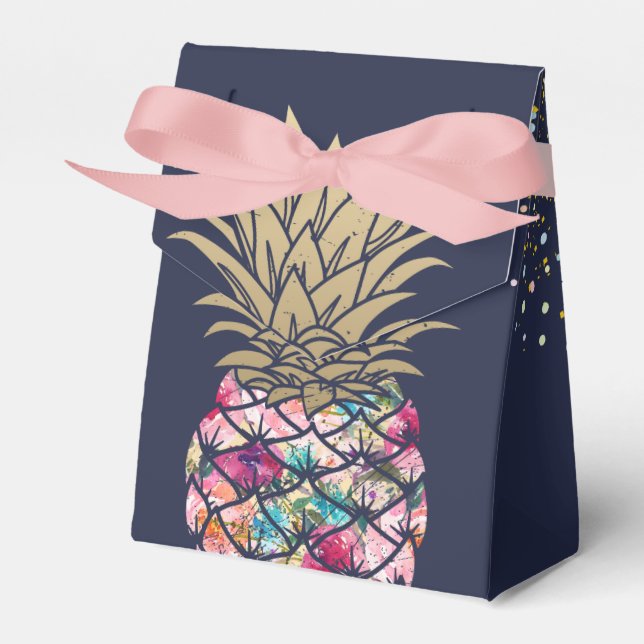 Aloha Pink Pineapple Floral Navy Blue Birthday Favour Box (Front Side)