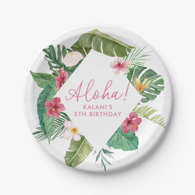 Aloha Pink Tropical Floral Birthday Paper Plate (Front)