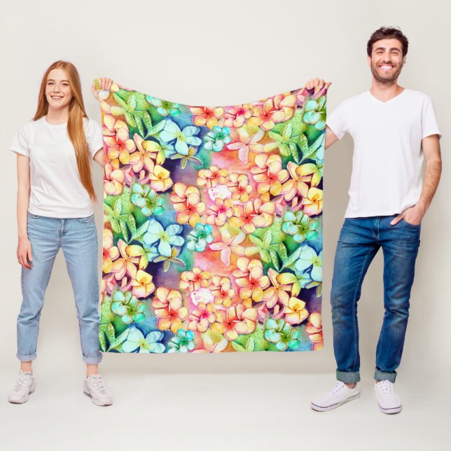 Aloha Plumeria Flowers Watercolor  Fleece Blanket (In Situ)