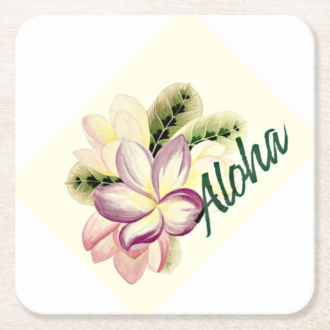 Aloha Plumeria Square Paper Coaster (Front)