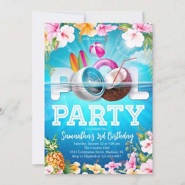 Aloha Pool Party Birthday Invitation (Front)