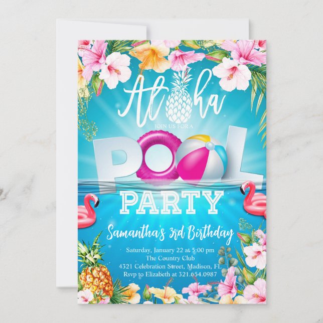 Aloha Pool Party Birthday Invitation (Front)