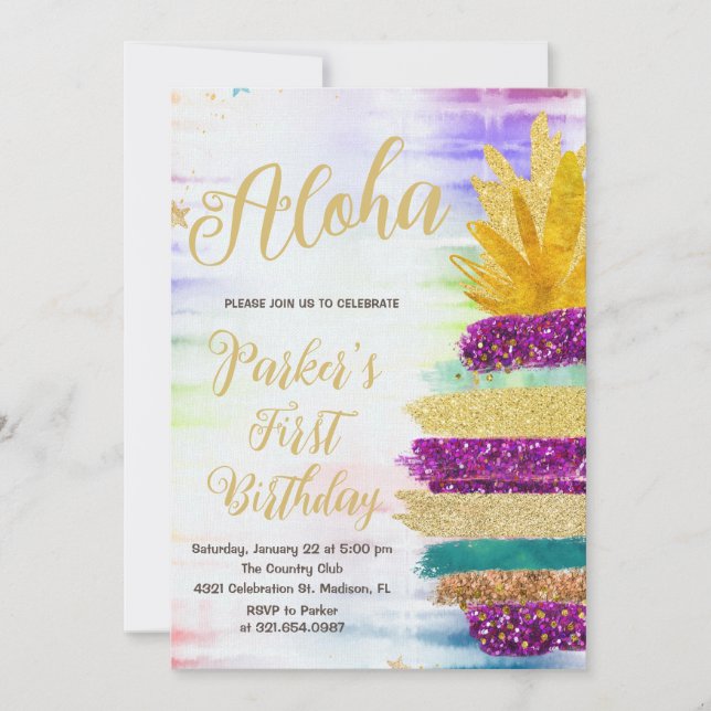 Aloha Purple Gold Rainbow Pineapple Birthday Invitation (Front)