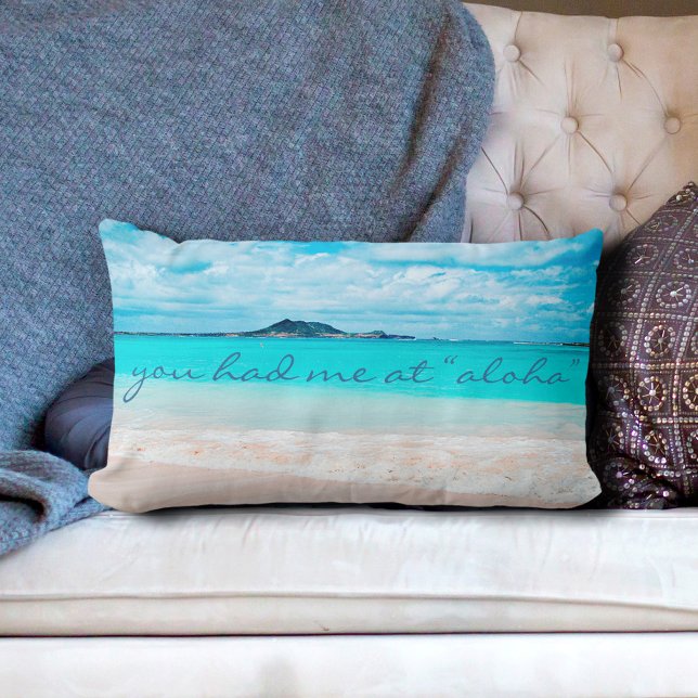 Aloha Quote Turquoise Ocean Sandy Beach Photo Lumbar Cushion (Creator Uploaded)