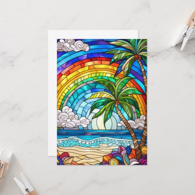 Aloha rainbow sky island stained glass art card (Front/Back In Situ)