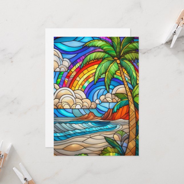 Aloha rainbow sky island stained glass art card (Front/Back In Situ)