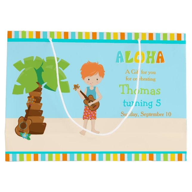 Aloha Red Haired Boy Thank You Large Gift Bag (Back)