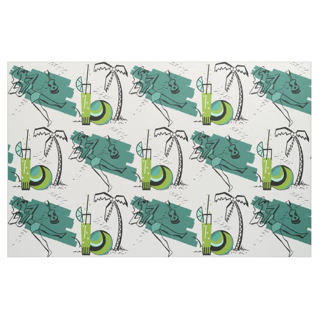 ALOHA: RETRO BEACH GRAPHIC in AQUA and GREEN Fabric (Fat Quarter)