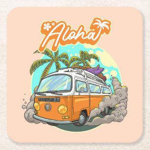 Aloha Retro Surf Van Square Paper Coaster