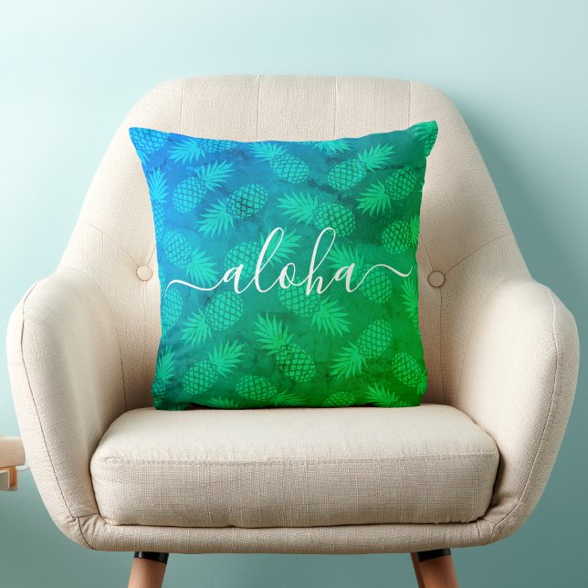 Aloha Script Blue Green Pineapple Pattern Tropical Cushion (Creator Uploaded)