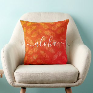 Aloha Script Orange Pineapple Pattern Tropical Cushion