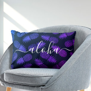 Aloha script purple blue ombre pineapple pattern lumbar cushion