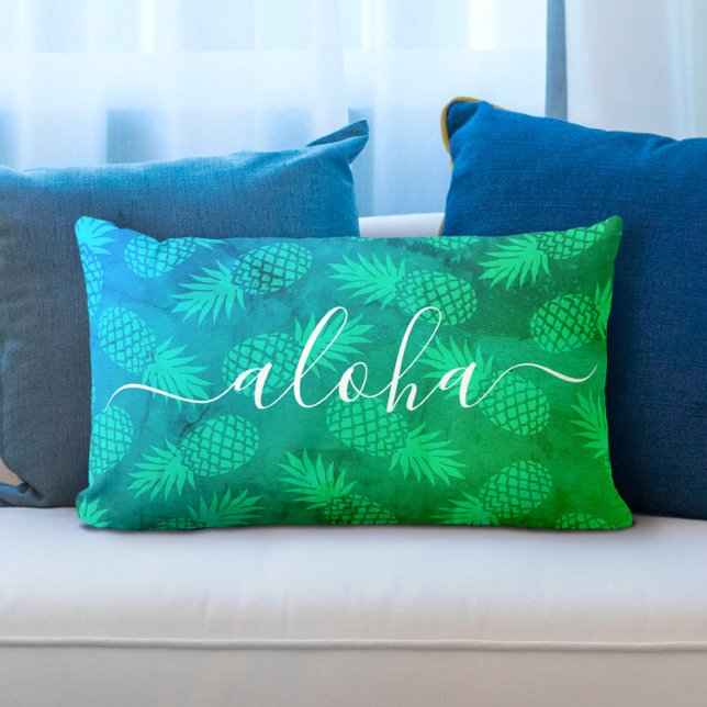 Aloha script turquoise green pineapple pattern lumbar cushion (Creator Uploaded)