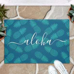 Aloha script typography teal pineapple pattern doormat