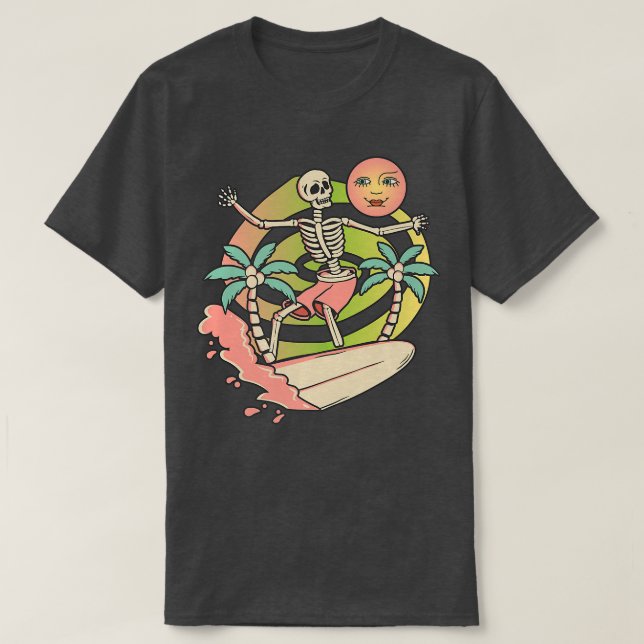 Aloha Skeleton Surfing  Surfboard Wave & Moon Grap T-Shirt (Design Front)
