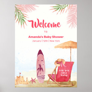 Aloha Surfboard Beach Girl Baby Shower Welcome Poster