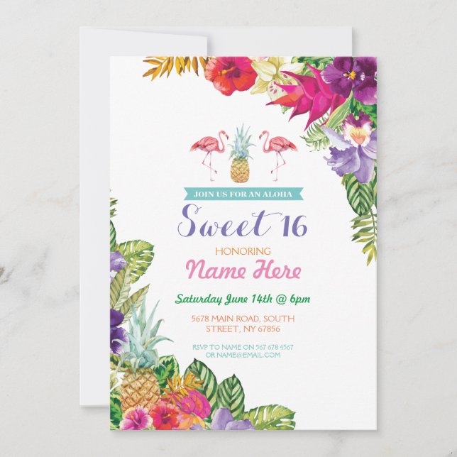 Aloha Sweet 16 Birthday Party Flamingo Invite (Front)