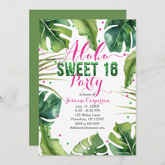 ALOHA SWEET 16 Sixteen Tropical Leaves Pink Green Invitation (Front/Back)