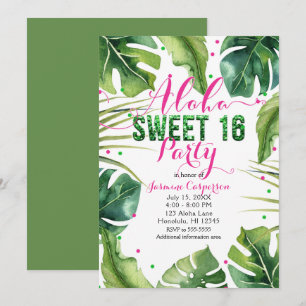 ALOHA SWEET 16 Sixteen Tropical Leaves Pink Green Invitation