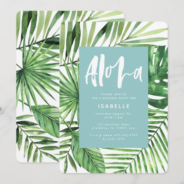 Aloha teal tropical palm leaf & script birthday save the date (Front/Back)