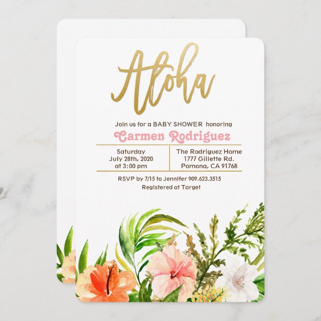 Aloha Tropical Baby Shower Floral Invitation (Front/Back)