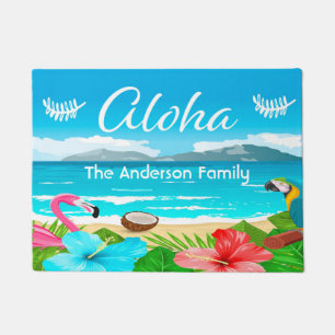 Aloha tropical beach flamingo florals family name doormat
