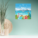 Aloha tropical beach flamingo florals square wall clock<br><div class="desc">A tropical,  Hawaiian beach with blue and red Hibiscus flowers,  palm leaves,  a flamingo and a blue and yellow parrot. A coconut on the sandy beach,  blue ocean with waves and the blue sky.  White text: Aloha.
A clock for your summer home or beach house.</div>