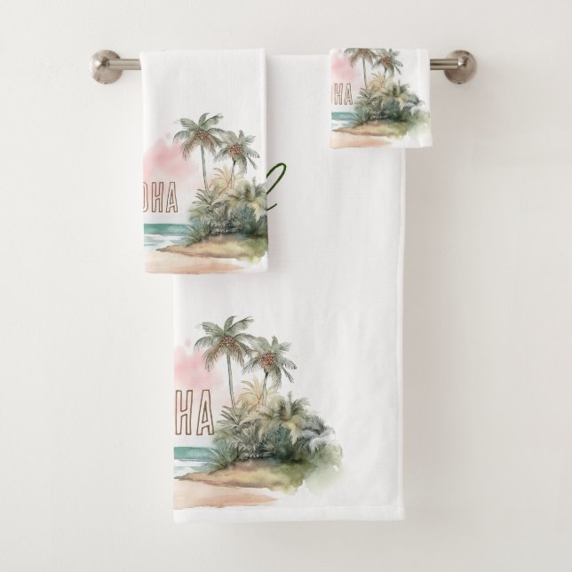 Aloha Tropical Beach Palm Trees Bath Towel Set (Insitu)
