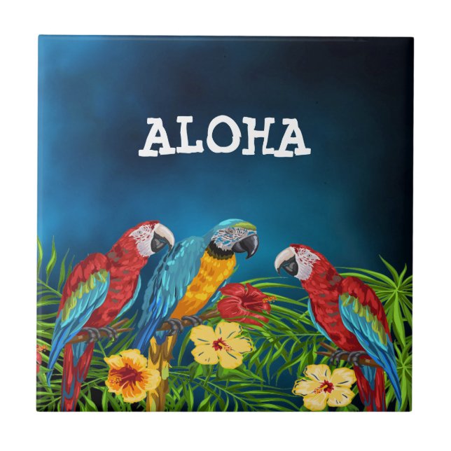 Aloha tropical blue sky parrots palm leaves ceramic tile (Front)