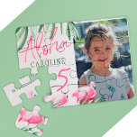 Aloha tropical custom PHOTO birthday keepsake gift Jigsaw Puzzle<br><div class="desc">Aloha handwritten style typography script 5 years girl trendy Hawaiian luau photo birthday keepsake gift featuring fuchsia pink flamingo birds and green tropical leaves.                    It can be a surprise or long-distance virtual celebration personalised keepsake gifts for children or teens summer birthday.</div>