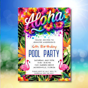 Aloha Tropical Flamingo Birthday Pool Party  Invitation