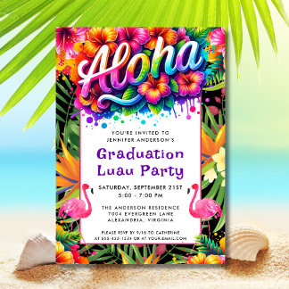 Aloha Tropical Flamingo Graduation Luau Party Invitation