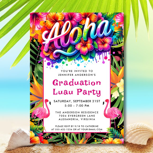 Aloha Tropical Flamingo Graduation Luau Party Invitation (Creator Uploaded)