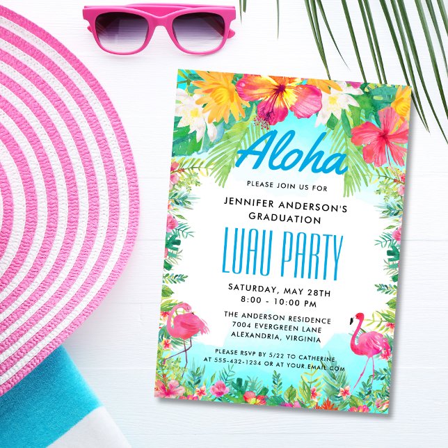 Aloha Tropical Flamingo Graduation Luau Party Invitation (Creator Uploaded)