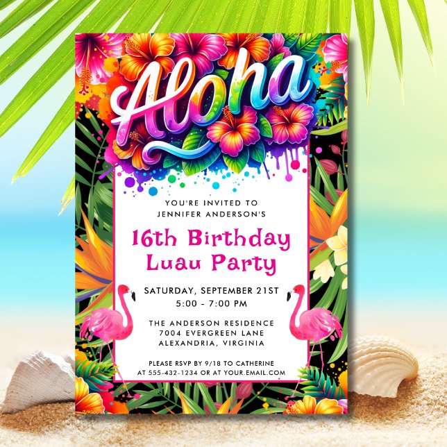 Aloha Tropical Flamingo Luau Birthday Party Invitation (Creator Uploaded)