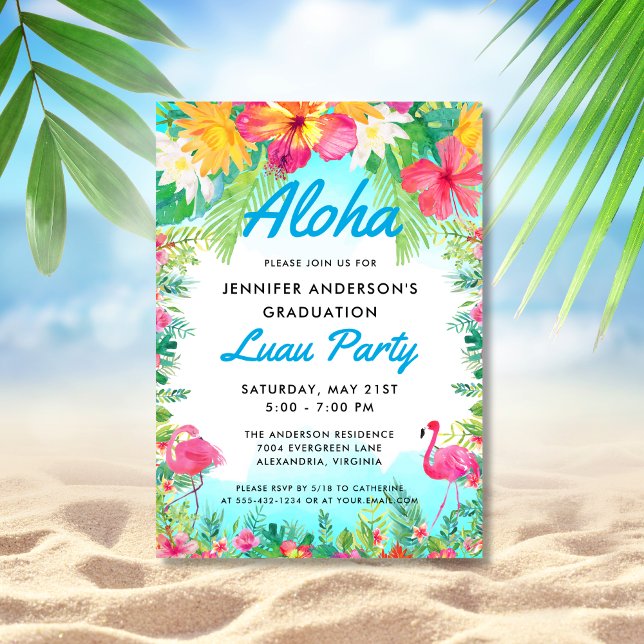 Aloha Tropical Flamingo Luau Party Graduation Blue Invitation (Creator Uploaded)