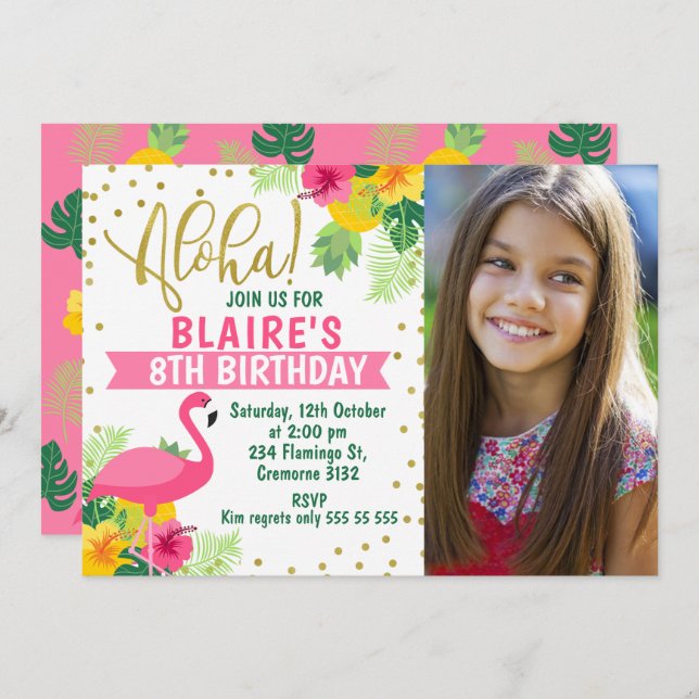 Aloha Tropical Flamingo Photo Birthday Invitation (Front/Back)