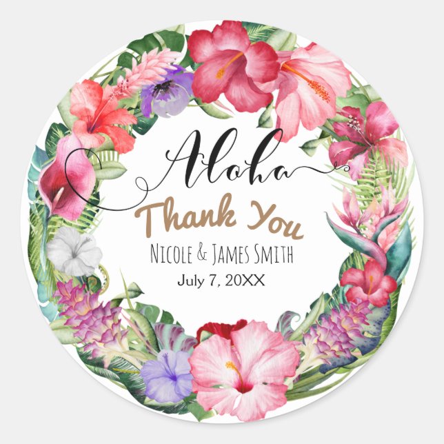 Aloha Tropical Floral Wreath Wedding Favour Classic Round Sticker (Front)