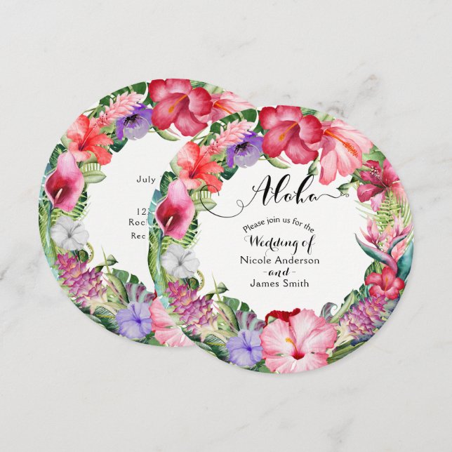 Aloha Tropical Floral Wreath Wedding Invitations (Front/Back)