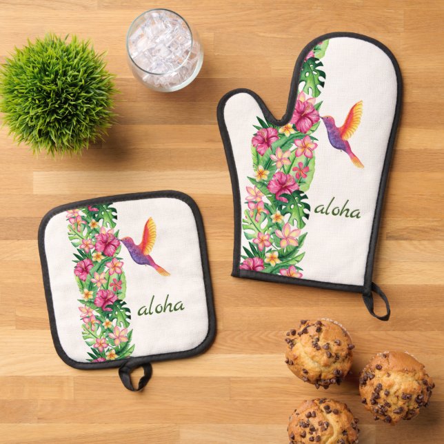 Aloha Tropical Flowers & Bird Oven Mitt & Pot Holder Set (Top Down)